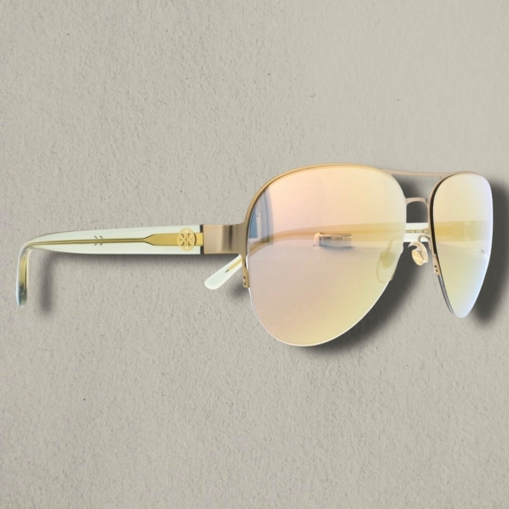 TORY BURCH TY6048 AVIATOR SUNGLASSES SATIN GOLD GREEN FRAME GOLD MIRROR LENS